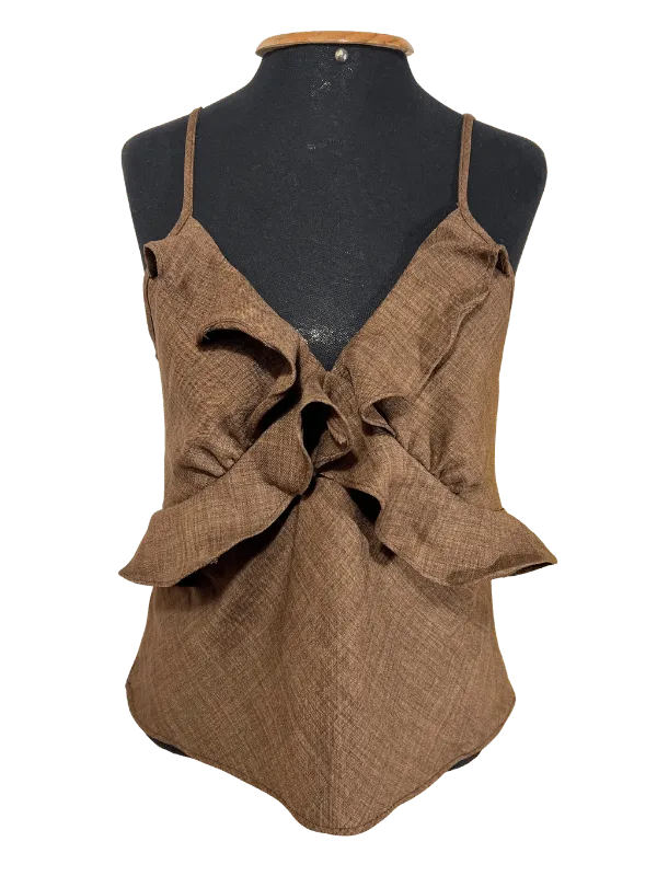 Blusa marrom drapeada, alças finas